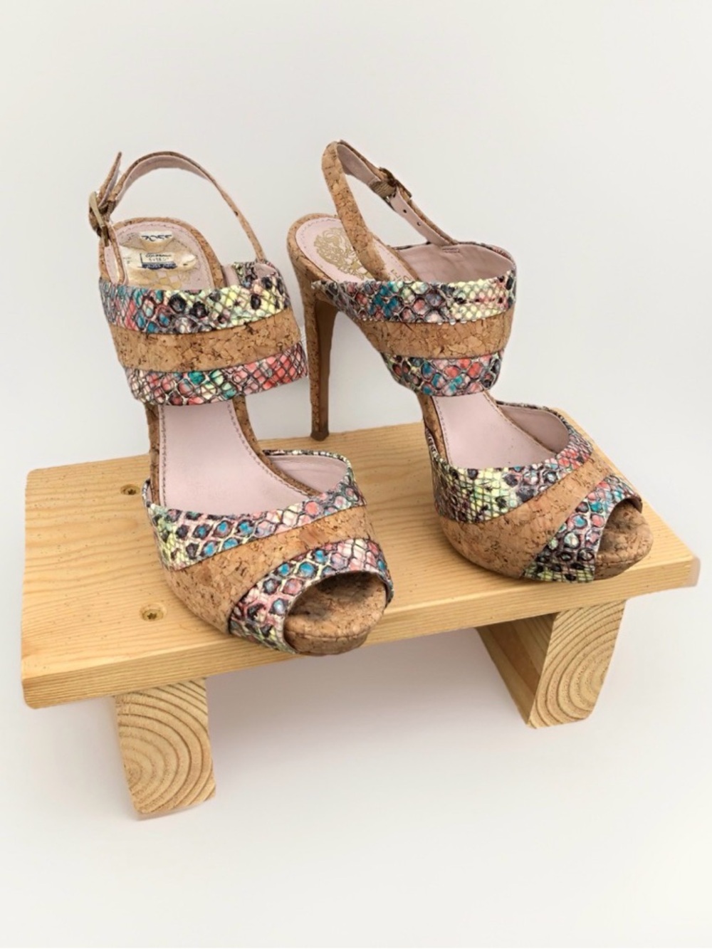Vince Camuto Multicolor Python Cork Heel Sandals 6